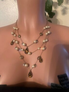 Betsey Johnson Gold Multi-Strand Pearl Necklace with Tortoiseshell Teardrops